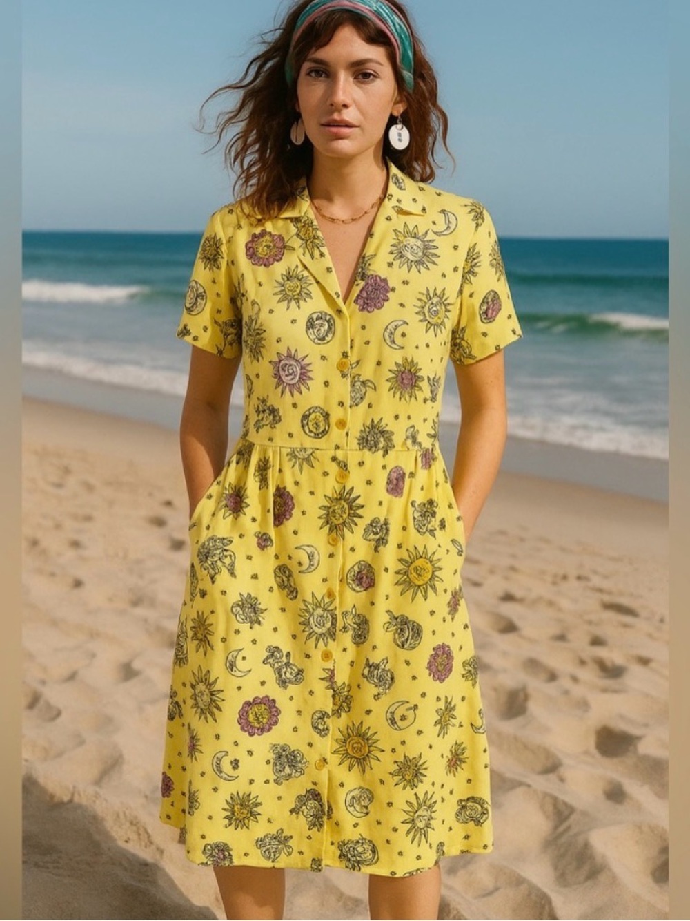 Yellow Sun & Moon Button-Front Shirt Dress